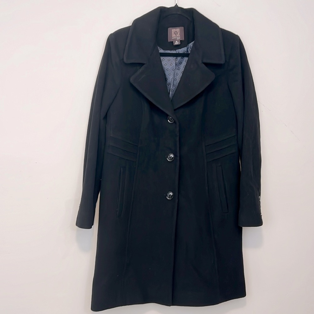 Anne Klein Black Wool Blend 4 Button Knee Length Single Breasted Vintage Coat 10